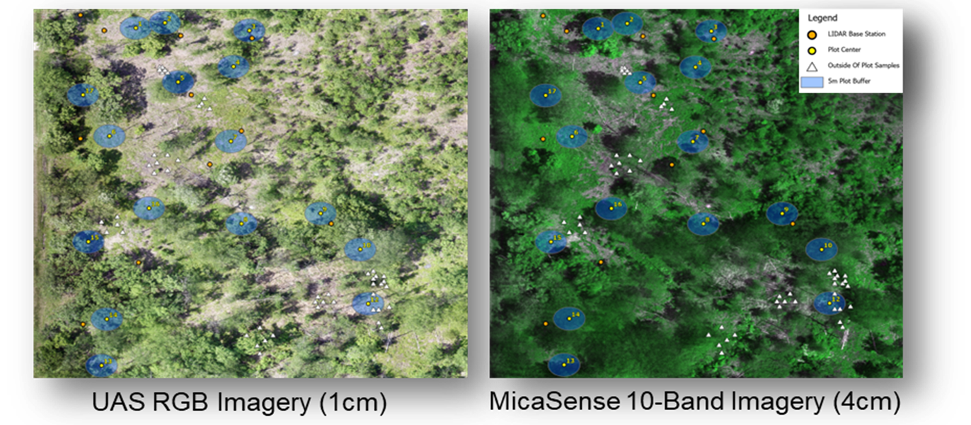 Two aerial imagery panels comparing UAS RGB (1 cm resolution) and MicaSense 10-band multispectral imagery (4 cm resolution). Each panel shows vegetation in varying densities with plot centers marked by orange points, 5-meter plot buffers in blue, LiDAR base stations as yellow circles, and out-of-plot samples as white triangles. The right panel includes a legend explaining these symbols.