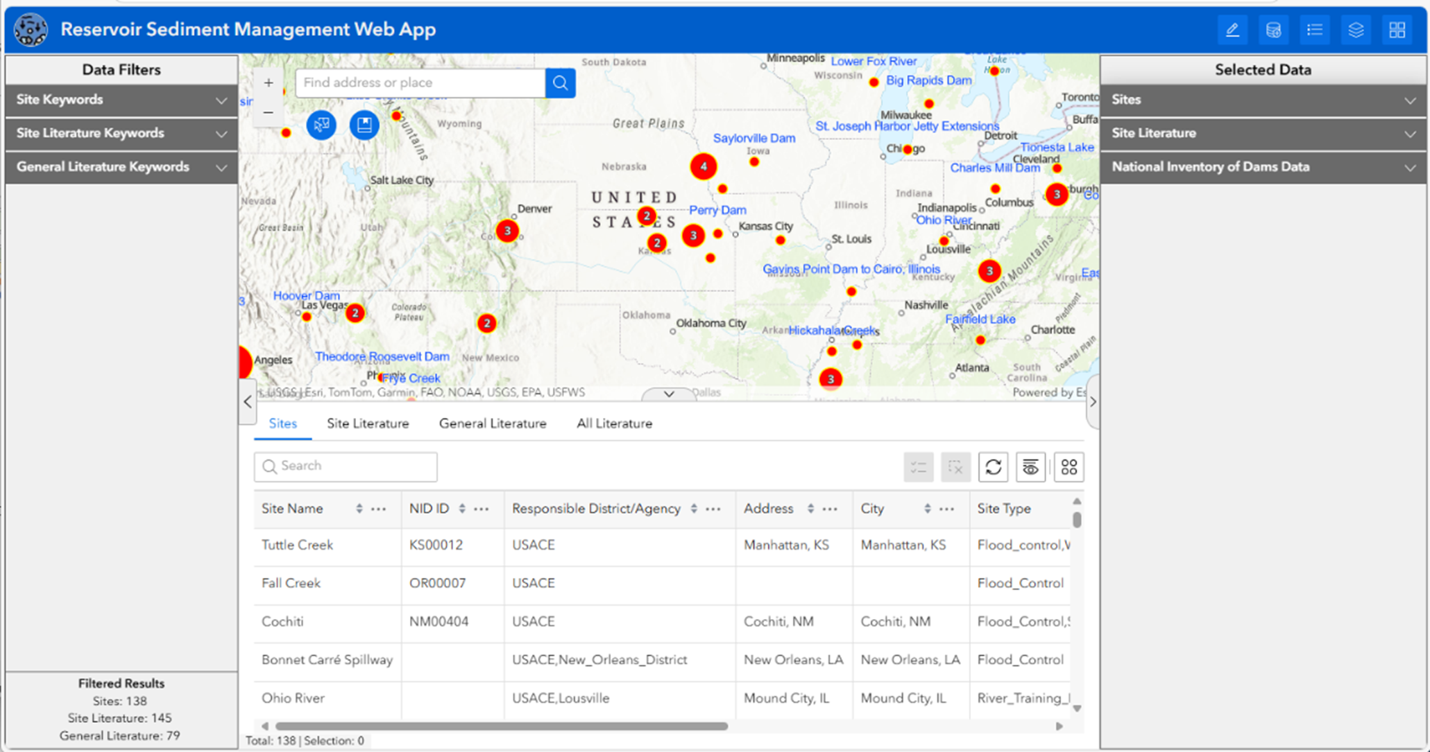 Screenshot of the Reservoir Sediment Management Web App showing a U.S. map with clustered red and yellow data points marking reservoir or dam locations. A search bar and map tools appear at the top. The left sidebar contains expandable data filters for site keywords, site literature keywords, and general literature keywords. The right sidebar lists selected data categories. A table at the bottom displays site information such as site name, NID ID, agency, location, and site type.