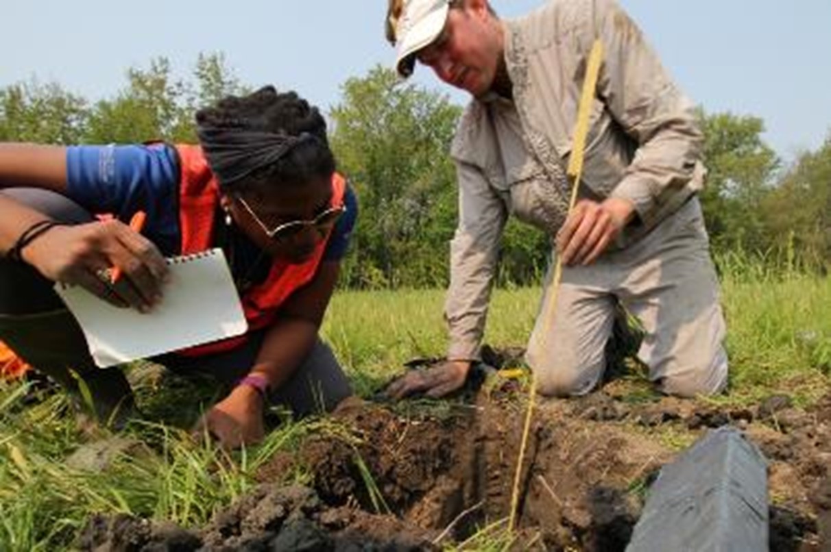 Two researchers kneeling beside a freshly dug soil pit in a grassy field. One person in an orange safety vest takes notes while examining the soil profile; the other uses a measuring stick to document soil depth. The exposed soil layers are clearly visible.