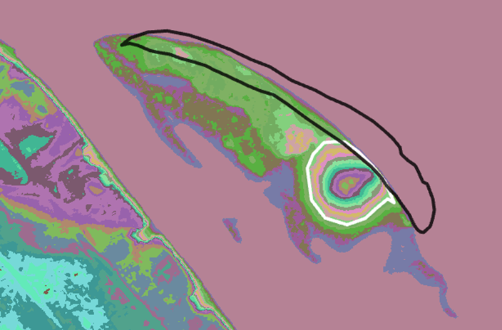 Color-coded map of a long, narrow island with multiple bands of green, purple, and pink representing elevation or habitat suitability levels. A large black outline highlights a long ridge-like area on the upper portion of the island.