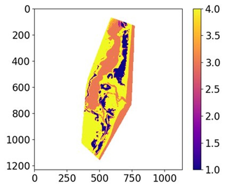 Color-coded map showing habitat suitability categories across a long, narrow land-water region. Colors range from dark purple to bright yellow, corresponding to numerical values from 1.0 to 4.0 on the adjacent legend. The central area contains mixed suitability zones, while the edges show larger stretches of high (yellow) and low (purple) values.