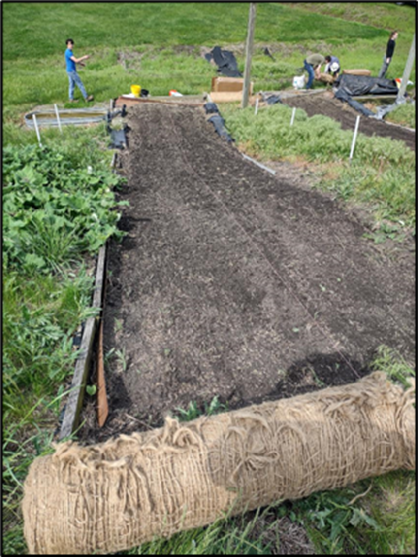 A long, narrow test plot on a slope, bordered by wooden frames, with bare soil ready for erosion-control matting installation. A rolled fiber mat lies in the foreground. Several people work further upslope, preparing materials.