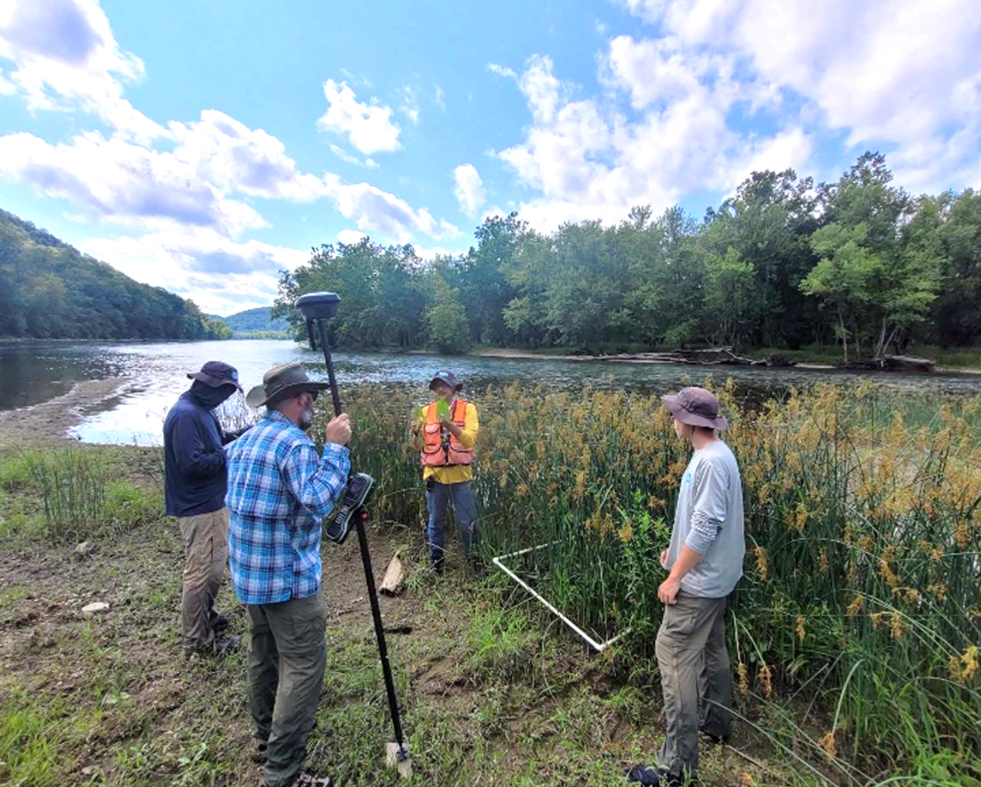 Four people working on a riverbank next to a patch of tall wetland vegetation. One person holds a GPS unit, another records notes, and a quadrat frame lies on the ground. The river and forested hills extend into the background beneath a bright, partly cloudy sky.