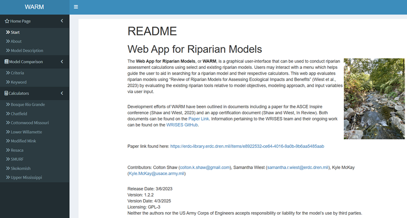 Screenshot of the WARM (Web App for Riparian Models) interface showing a left-hand navigation menu and a README page describing the tool. The text explains the purpose of WARM and links to papers and GitHub. A small image on the right shows a stream or riparian site.