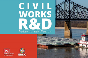 Cover-style graphic featuring the text ‘Civil Works R&D – Value to the Nation’ on a teal background. Below the text is a photograph of a barge towboat pushing multiple barges along a river, with a large steel truss bridge in the background. The bottom left corner displays the U.S. Army Corps of Engineers logo and the ERDC (Engineer Research and Development Center) logo.