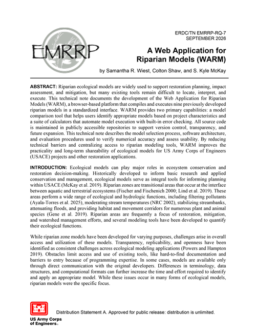Cover of ERDC/TN EMRRP-RQ-7, A Web Application for Riparian Models (WARM), a September 2026 technical note describing a browser-based platform for accessing and executing riparian ecological models.